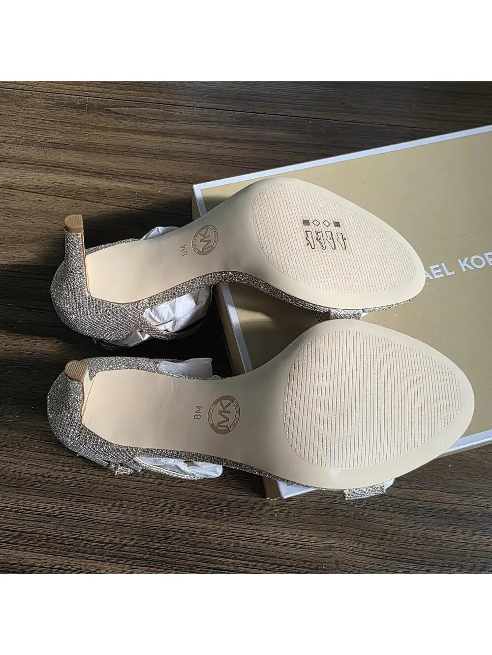 Michael Michael Kors Ava Mid Sandal Glitter Heels Silver/Sand Women’s Sz 8 NIB